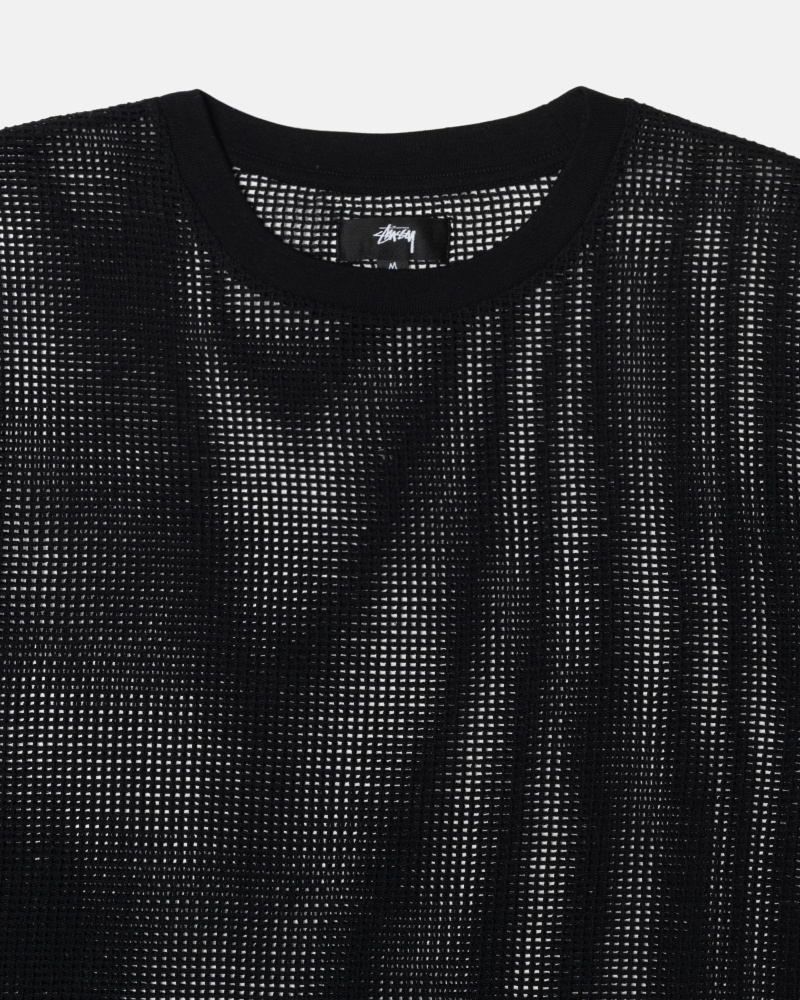 Black Stussy Cotton Mesh LS Crew Men's T Shirts | NAF-597681