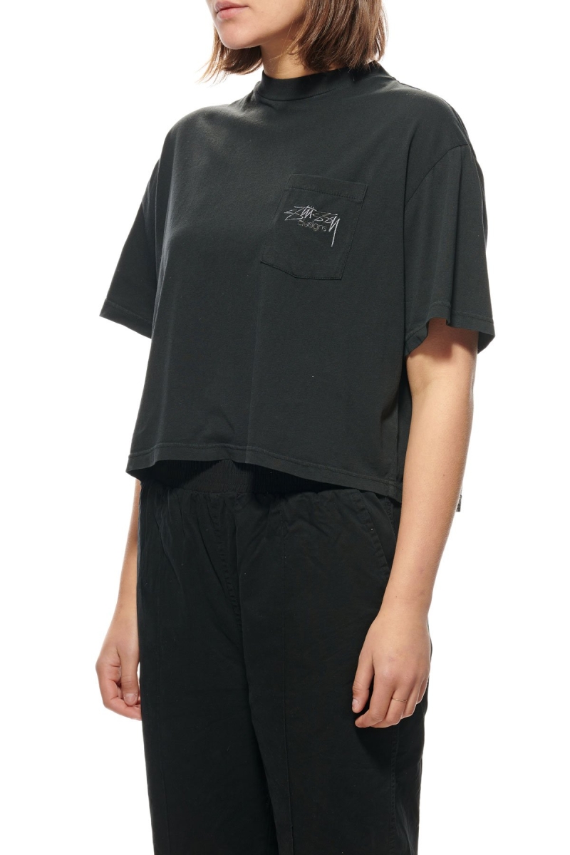 Black Stussy Designs Pocket Boxy Women's T Shirts | REB-256471