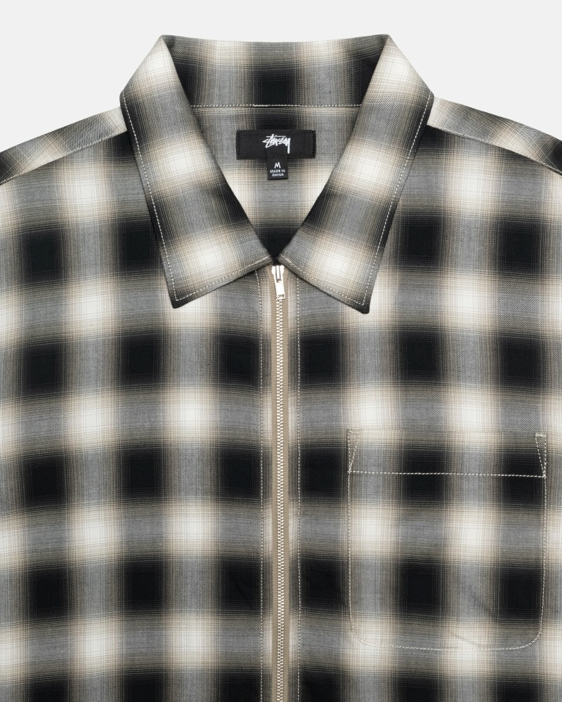 Black Stussy Eddie Plaid Zip Men's Shirts | MRB-684032