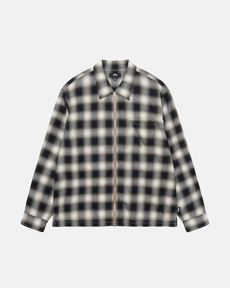 Black Stussy Eddie Plaid Zip Men\'s Shirts | MRB-684032