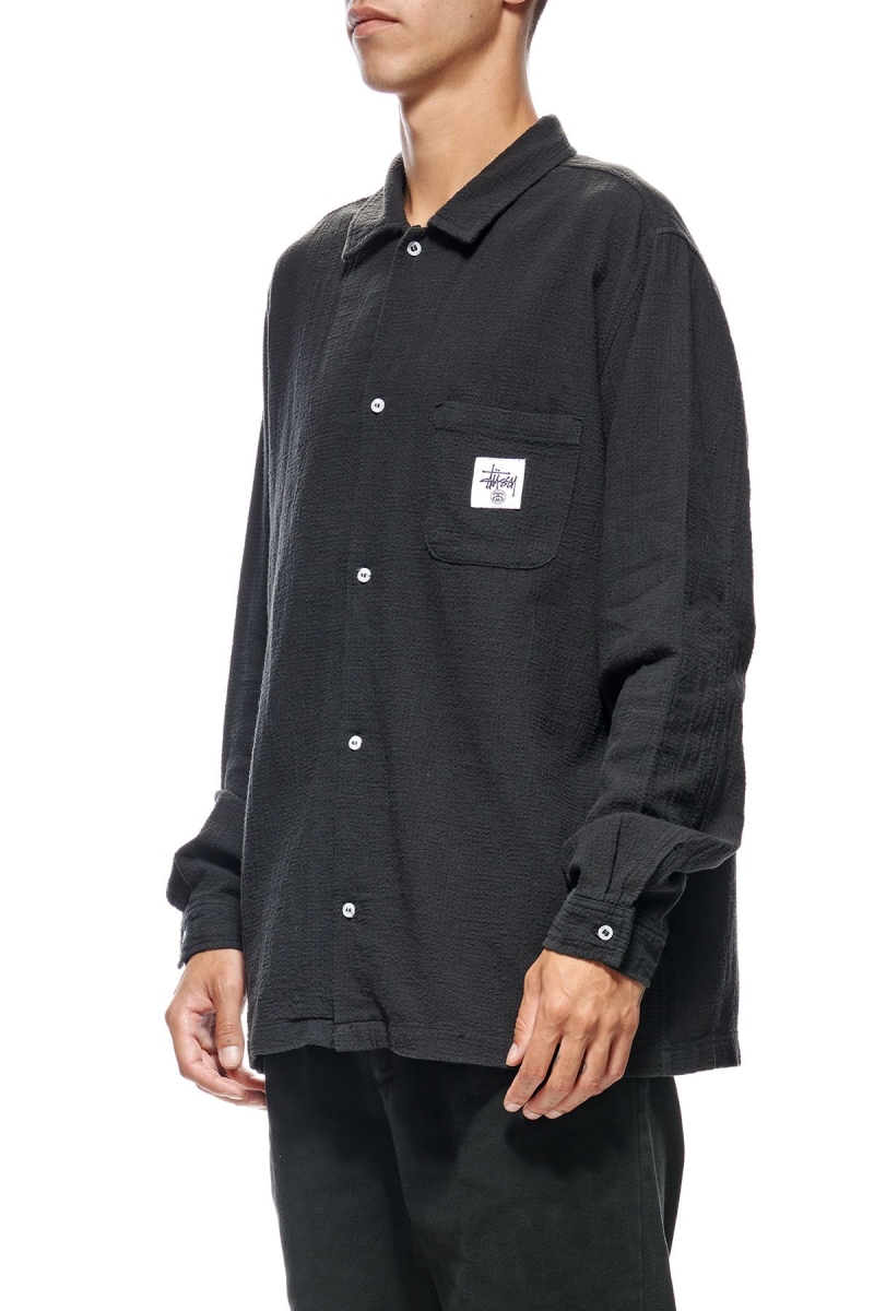 Black Stussy Grid Seersucker LS Men's Shirts | EYZ-879416