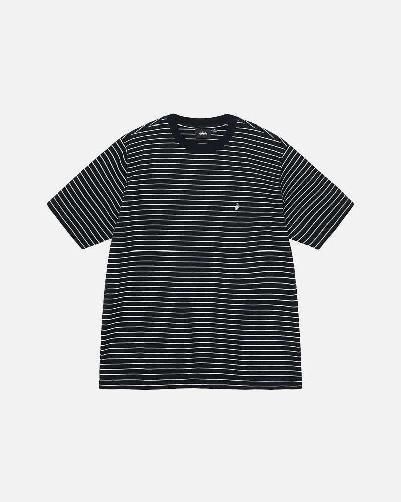 Black Stussy Pin Striped Ss Crew Men\'s T Shirts | NAK-981653