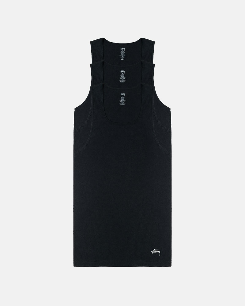 Black Stussy Ribbed Tank - 3 Pack Men\'s T Shirts | XHL-540237