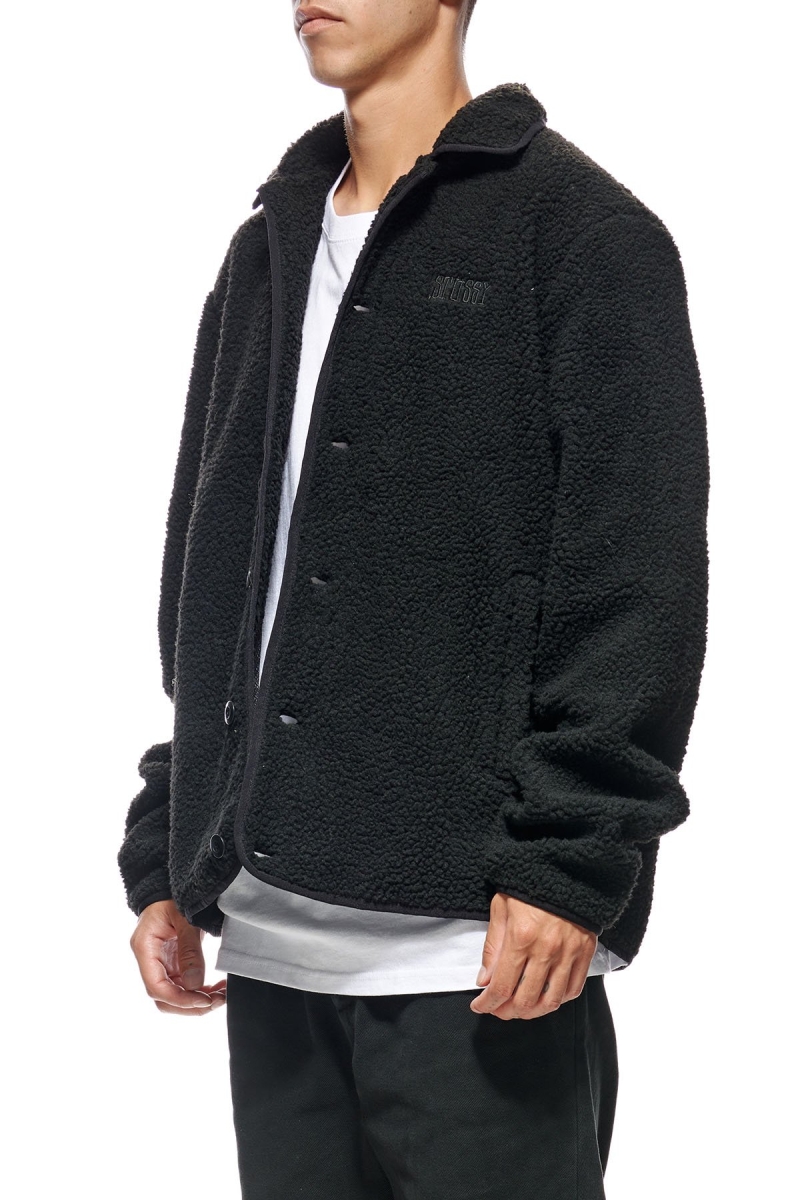 Black Stussy Sherpa Button Down Men's Jackets | KAP-608734