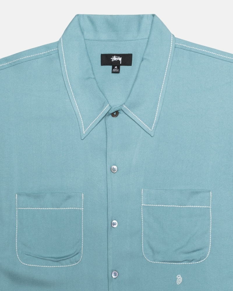 Blue Stussy Contrast Pick Stitched Men's Shirts | ZOM-536982