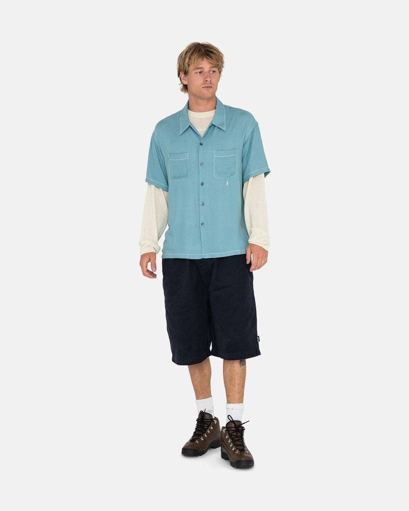 Blue Stussy Contrast Pick Stitched Men's Shirts | ZOM-536982