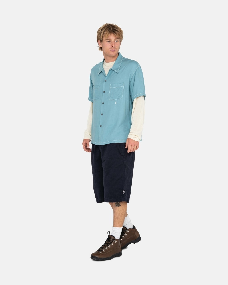 Blue Stussy Contrast Pick Stitched Men's Shirts | ZOM-536982