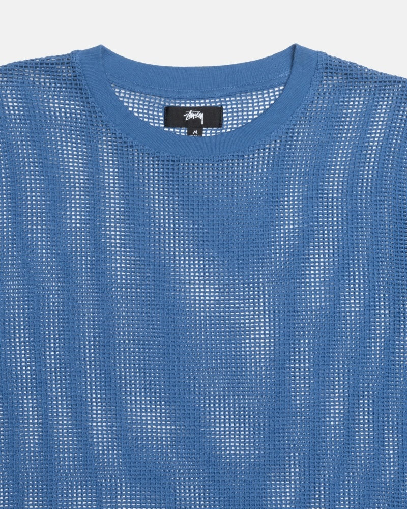 Blue Stussy Cotton Mesh LS Crew Men's T Shirts | IER-034276