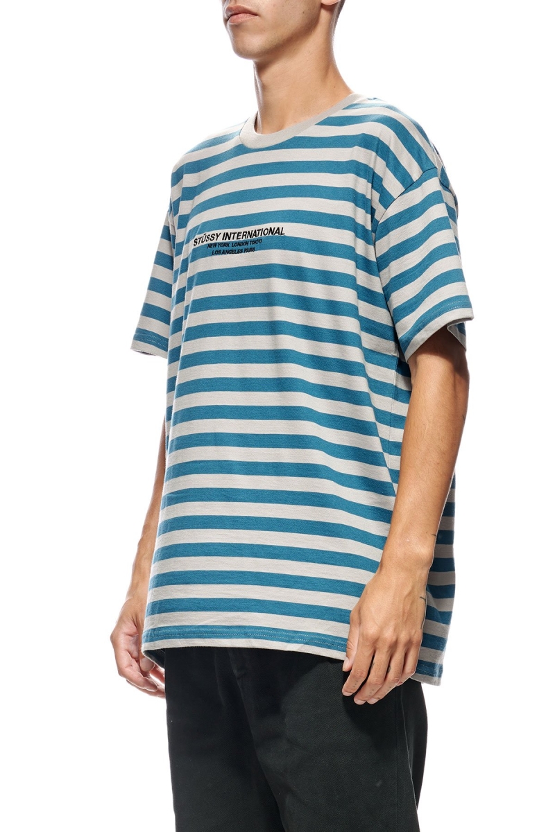 Blue Stussy International Stripe SS Men's T Shirts | XWD-489601