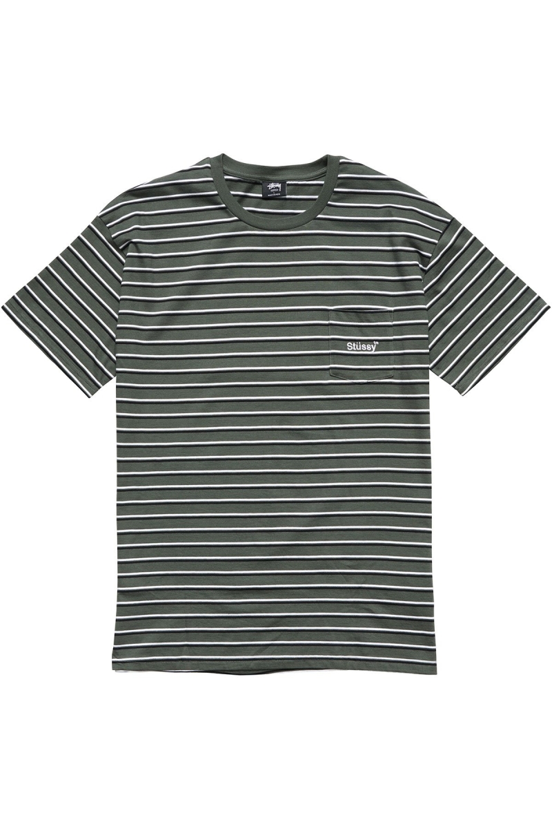 Green Stussy Text Pocket Stripe Men\'s T Shirts | JUB-392801