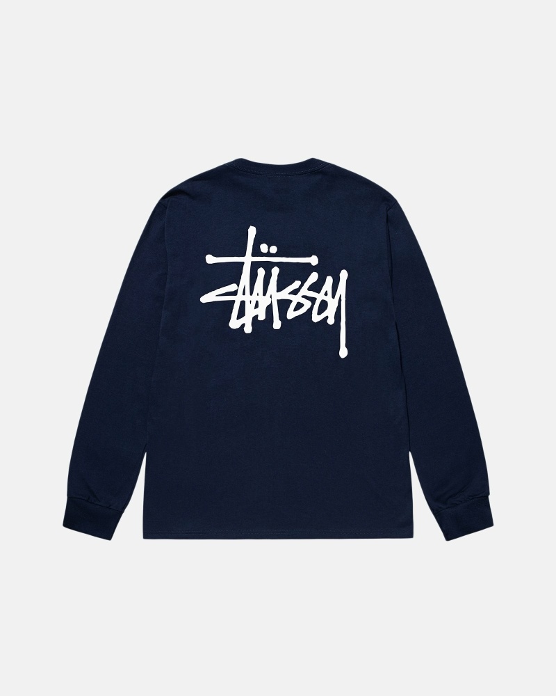 Navy Stussy Basic Ls Men\'s T Shirts | ZEI-516407