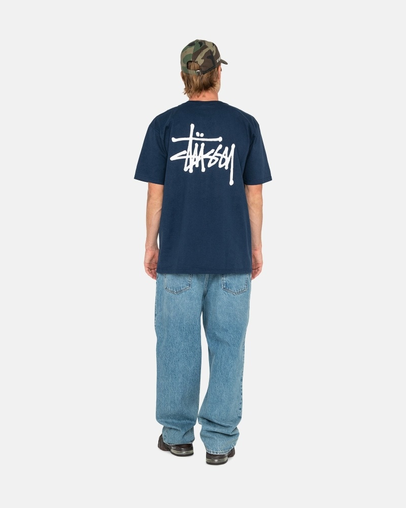 Navy Stussy Basic Men's T Shirts | VNI-823406