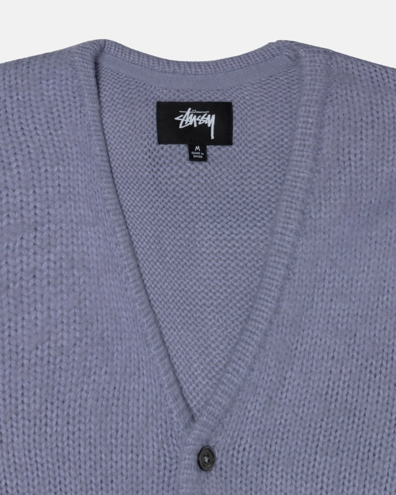 Purple Stussy Brushed Cardigan Men's Knit Sweater | DUY-837521