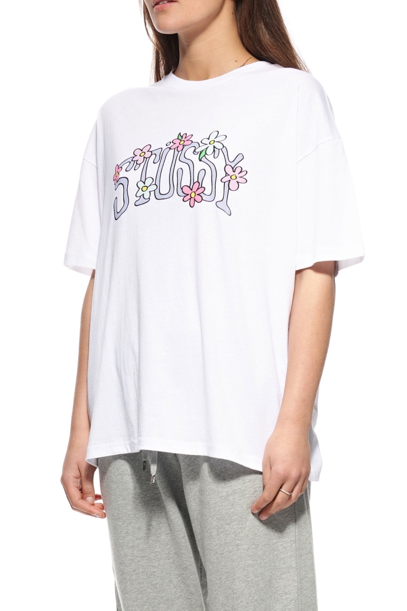 White Stussy Flowers Relaxed Women's T Shirts | CVY-137549