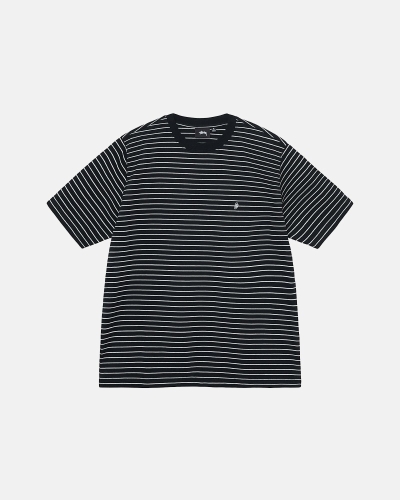 Black Stussy Pin Striped Ss Crew Men's T Shirts | NAK-981653