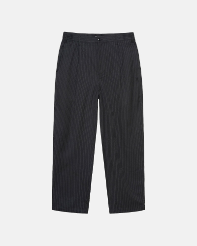 Black Stussy Stripe Volume Pleated Trouser Men's Pants | IOT-013678
