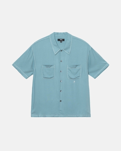 Blue Stussy Contrast Pick Stitched Men's Shirts | ZOM-536982