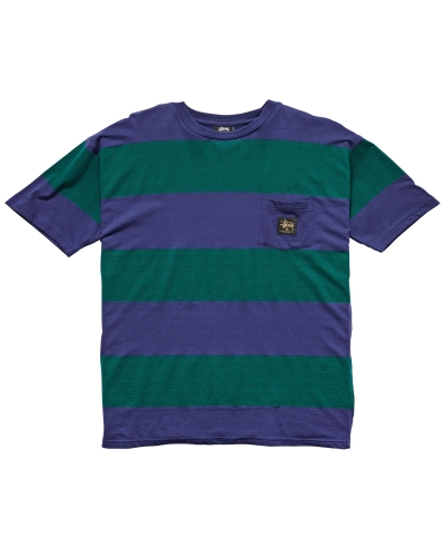 Blue Stussy View Stripe SS Pocket Men's T Shirts | TSE-350297