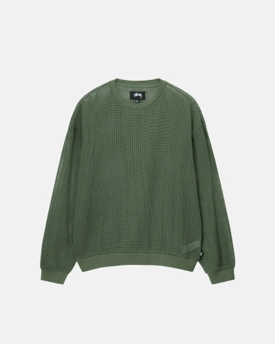 Green Stussy Cotton Mesh LS Crew Men's T Shirts | KTX-805971