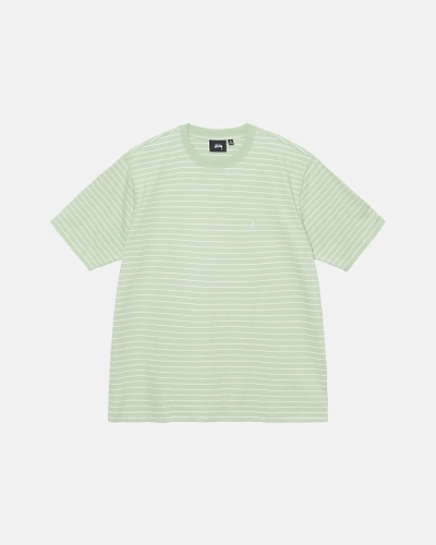 Green Stussy Pin Striped Ss Crew Men's T Shirts | HLR-943607