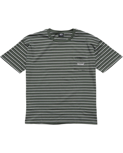 Green Stussy Text Pocket Stripe Men's T Shirts | JUB-392801