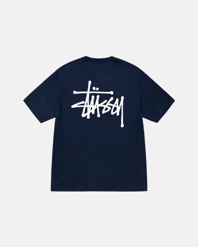 Navy Stussy Basic Men's T Shirts | VNI-823406