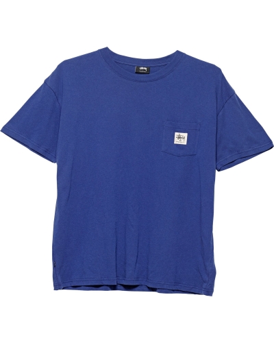 Navy Stussy Work Label Pocket Men's T Shirts | QVG-864503