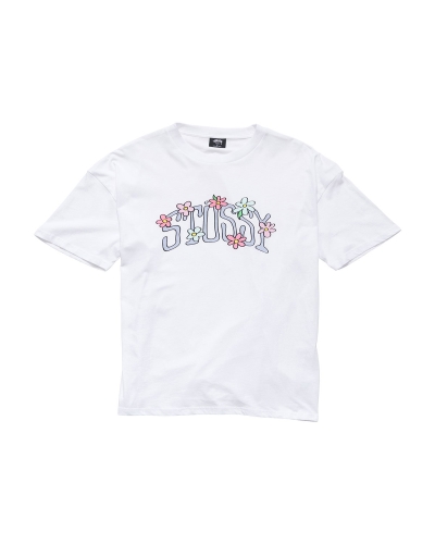 White Stussy Flowers Relaxed Women's T Shirts | CVY-137549