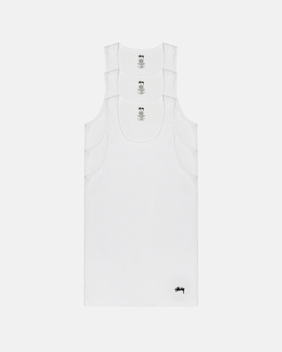 White Stussy Ribbed Tank - 3 Pack Men's T Shirts | KXG-903145