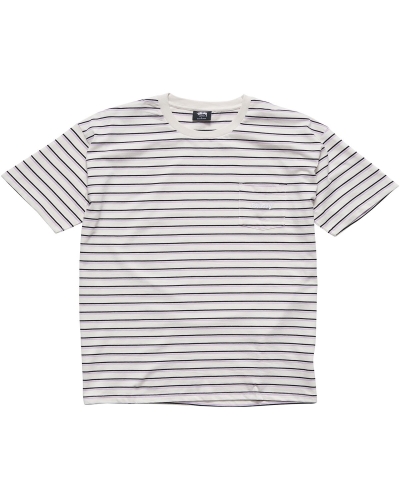 White Stussy Text Pocket Stripe Men's T Shirts | RQI-719254