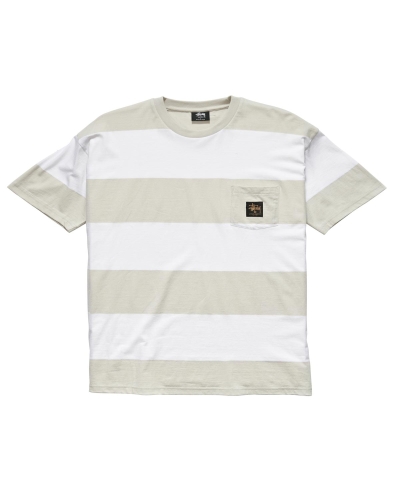 White Stussy View Stripe SS Pocket Men's T Shirts | THM-823950